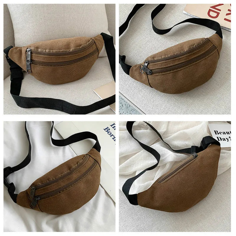 Canvas Waist Pack Double Layer Zipper Chest Bag