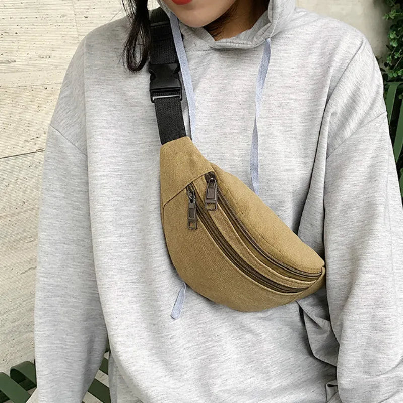Canvas Waist Pack Double Layer Zipper Chest Bag