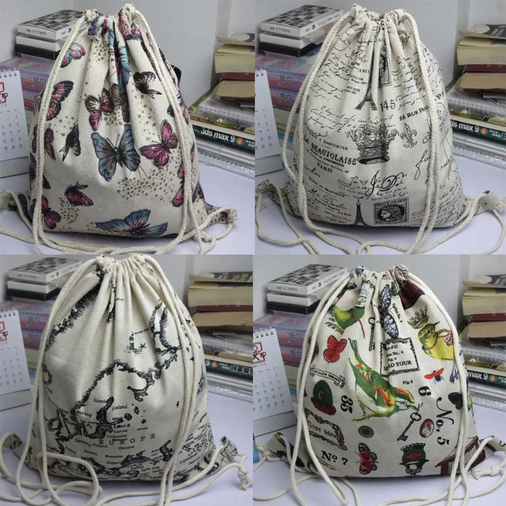 Unisex Retro Canvas Drawstring Backpack European Style Travel Bag