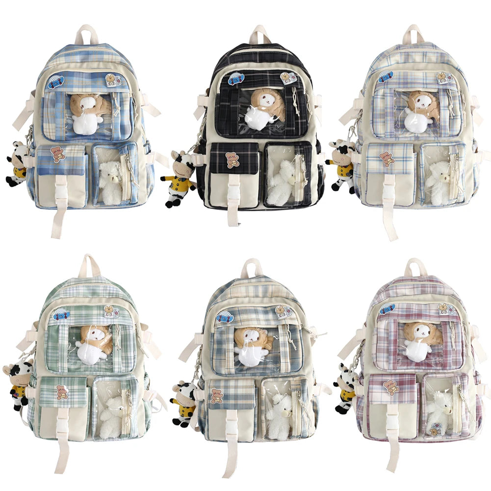 Japanese Canvas School Backpack Plaid Design Large Capacity