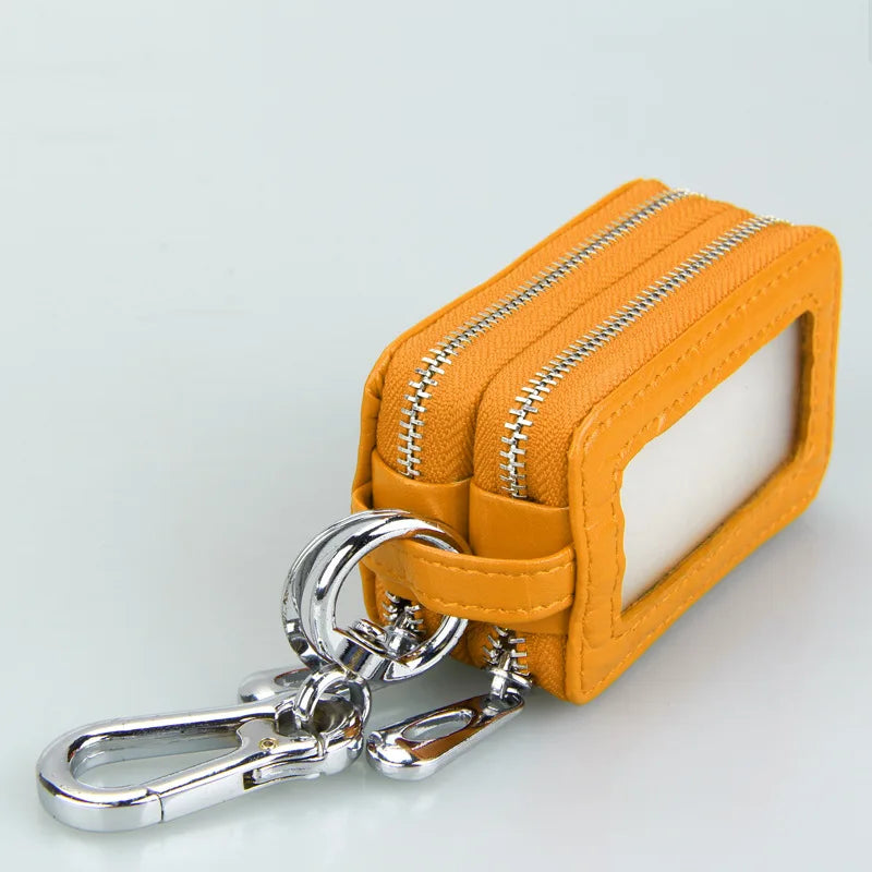 Leather Car Key Holder Double Zipper Keys Chain Organizer Pouch