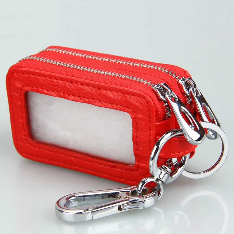 Leather Car Key Holder Double Zipper Keys Chain Organizer Pouch