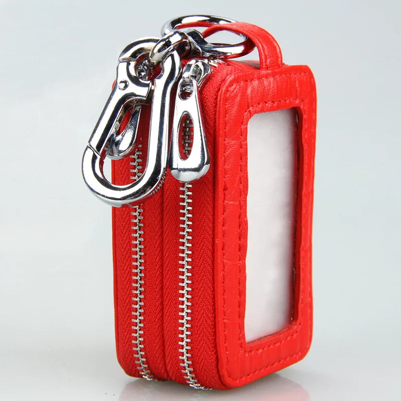 Leather Car Key Holder Double Zipper Keys Chain Organizer Pouch