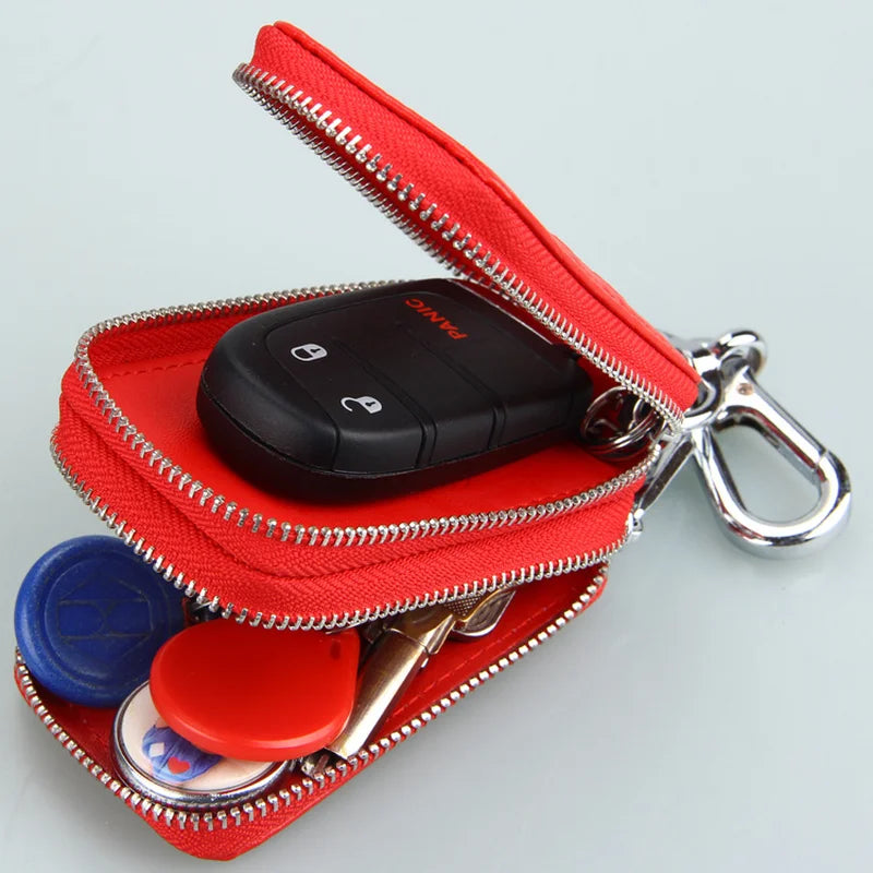 Leather Car Key Holder Double Zipper Keys Chain Organizer Pouch