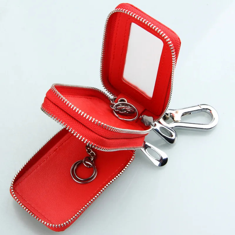 Leather Car Key Holder Double Zipper Keys Chain Organizer Pouch