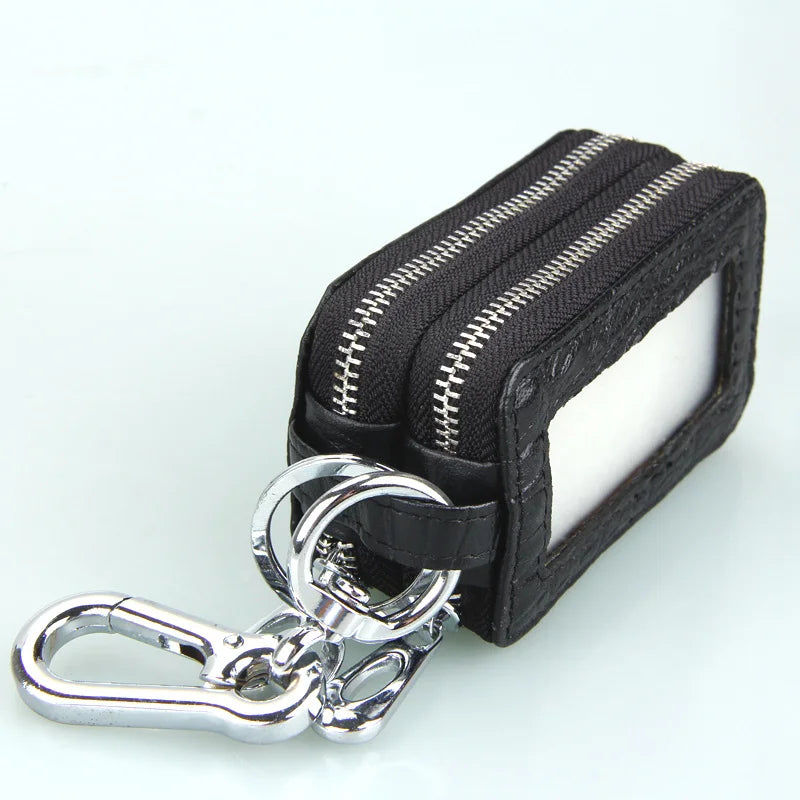 Leather Car Key Holder Double Zipper Keys Chain Organizer Pouch