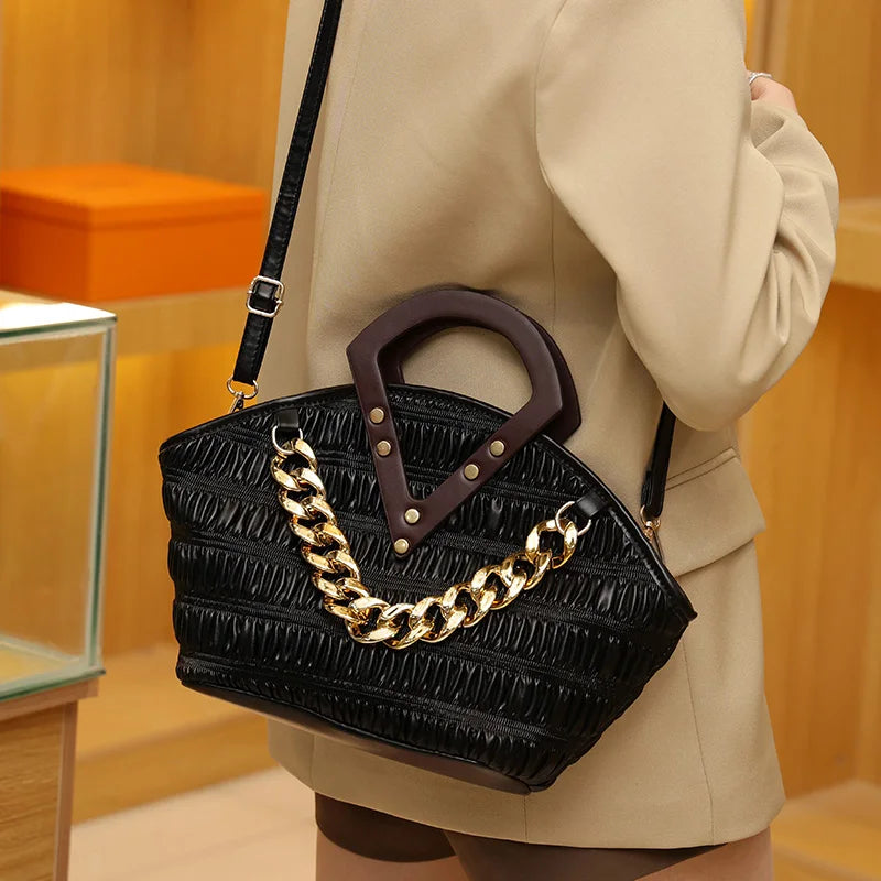 Irregular Crossbody Bag with Wood Handle