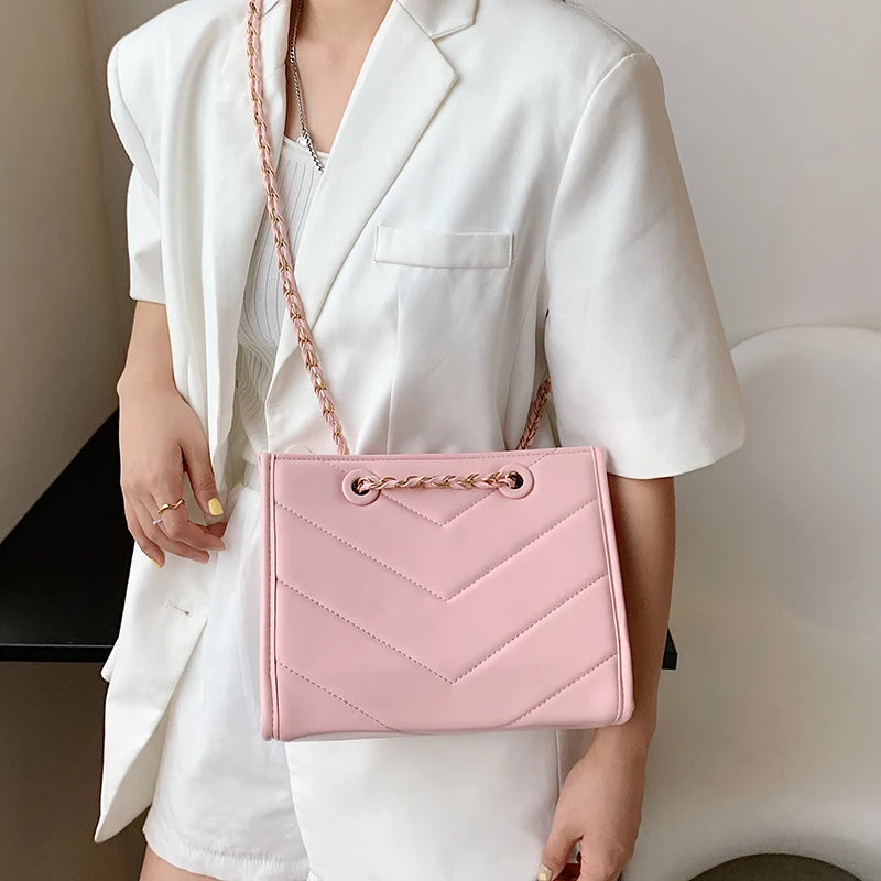 V-line PU Leather Chain Crossbody Bag for Women Summer Shoulder Handbag