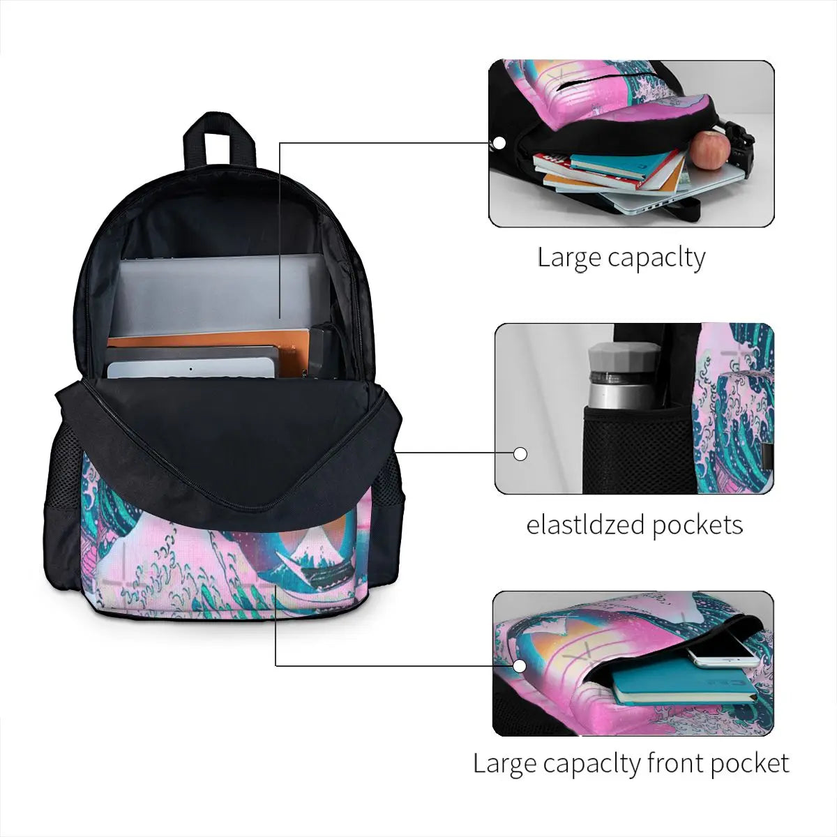 Vaporwave Great Wave Off 1 Backpacks Men's Women's Youth Bags