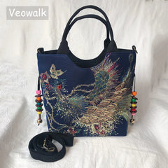 Peacock Embroidered Tote Bag for Women - Retro Casual Shopping Handbag