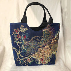 Peacock Embroidered Tote Bag for Women - Retro Casual Shopping Handbag