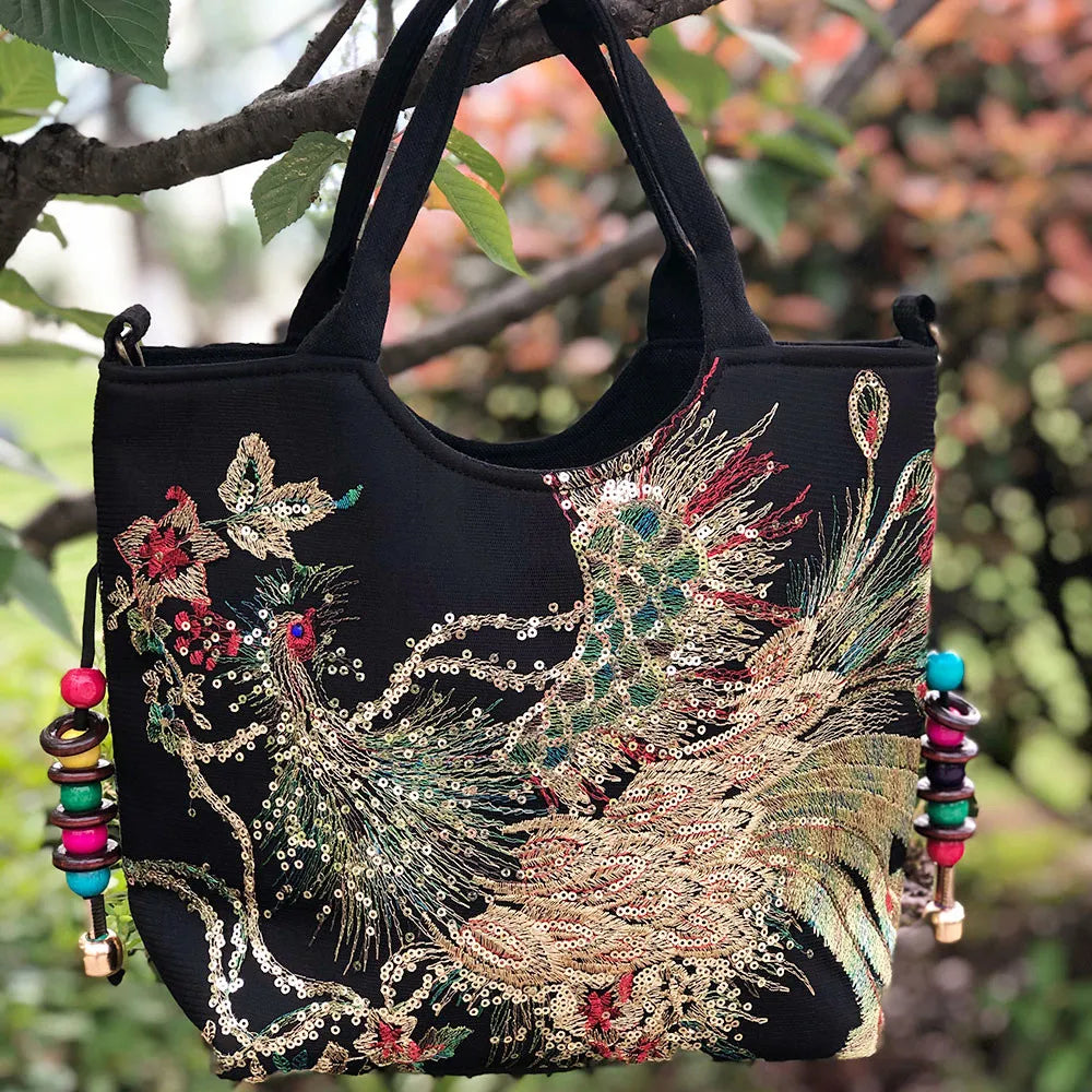 Peacock Embroidered Tote Bag for Women - Retro Casual Shopping Handbag