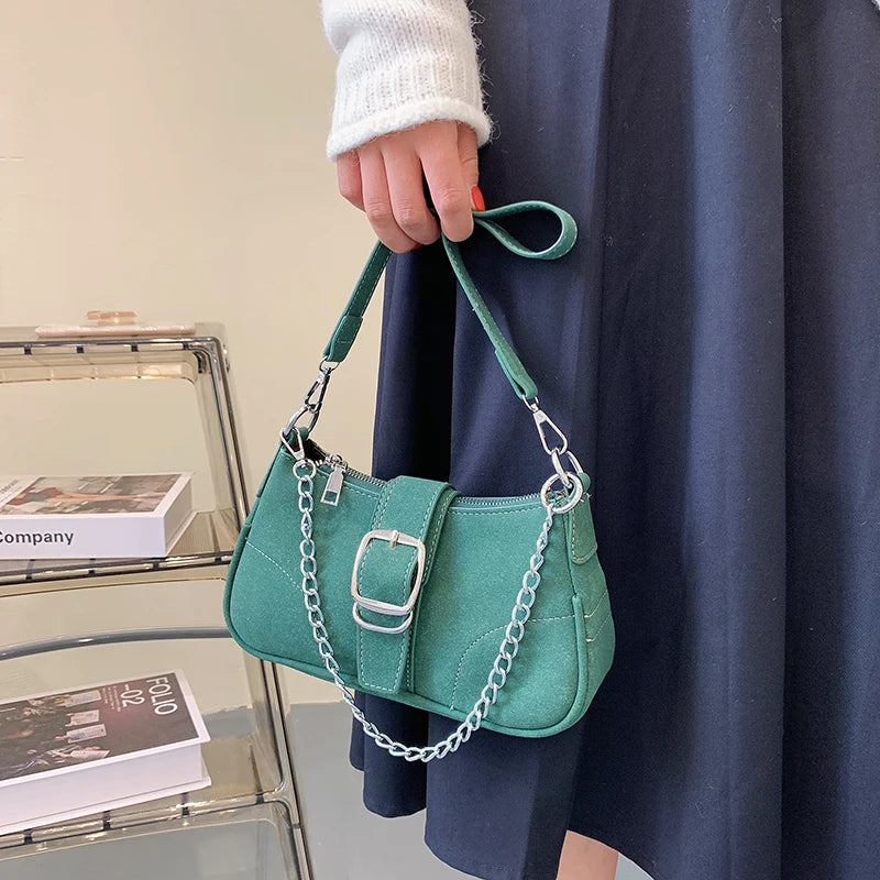 Vintage Nubuck Leather Shoulder Handbag with Chain Clutches