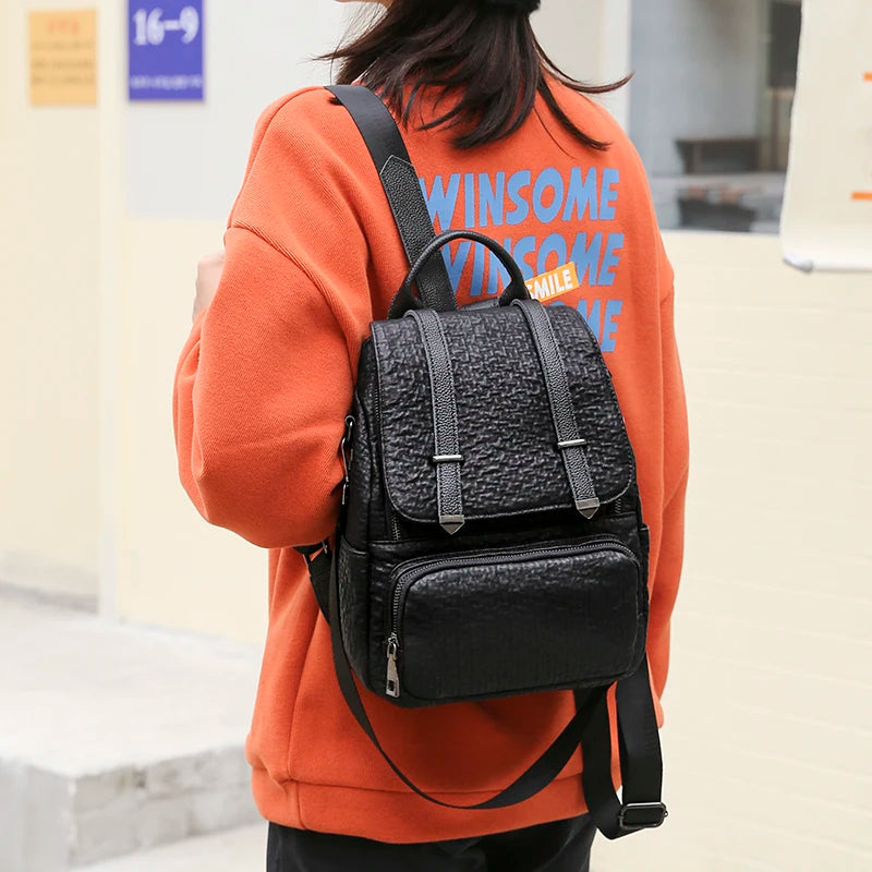 Vintage Leather Backpack Women's School Bag Girls Shoulder Bag