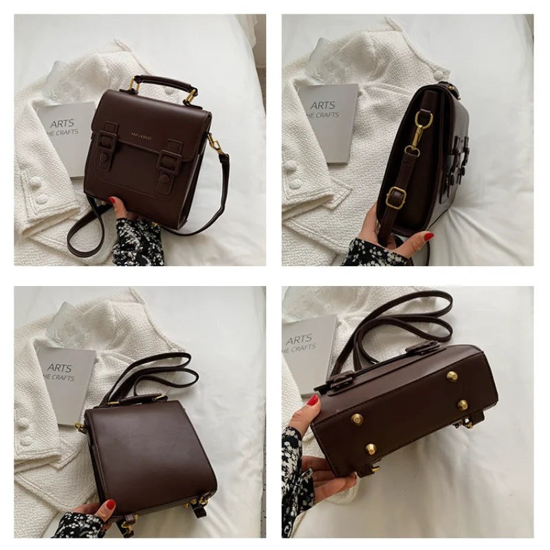 Vintage Brown Small Backpacks For Women Flap Small Square Bag Business Travel