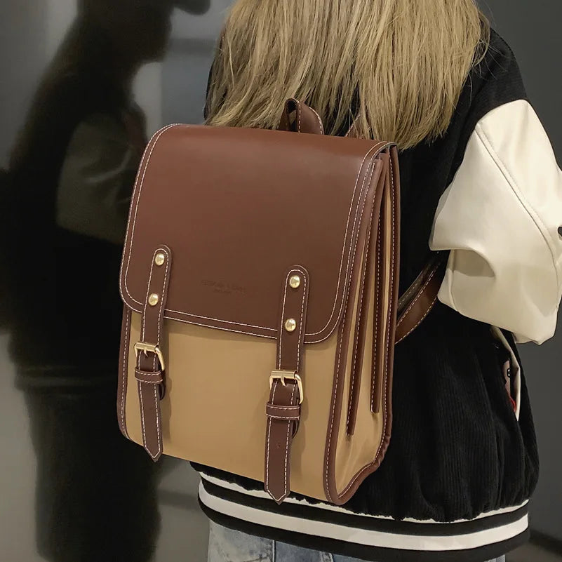 Vintage Brown Women's Campus Forest Large-capacity PU Leather Backpack