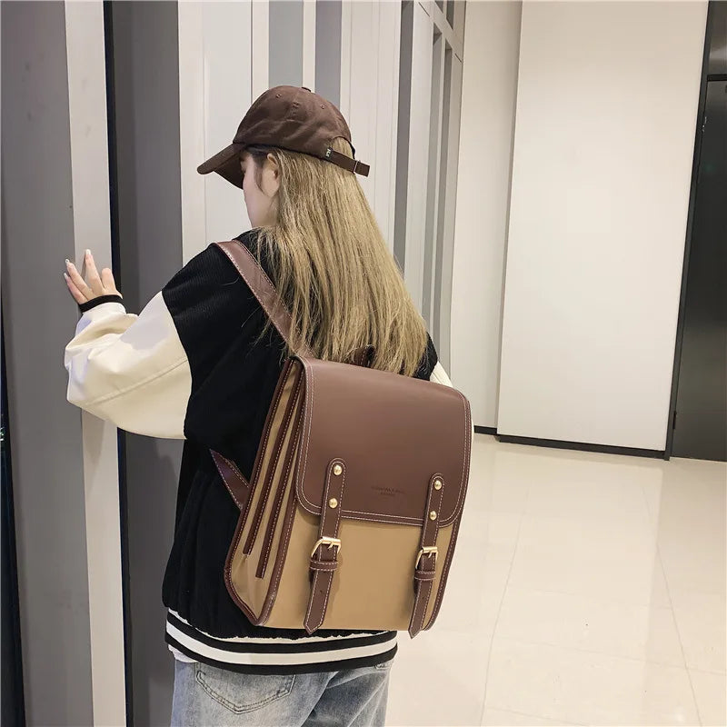 Vintage Brown Women's Campus Forest Large-capacity PU Leather Backpack