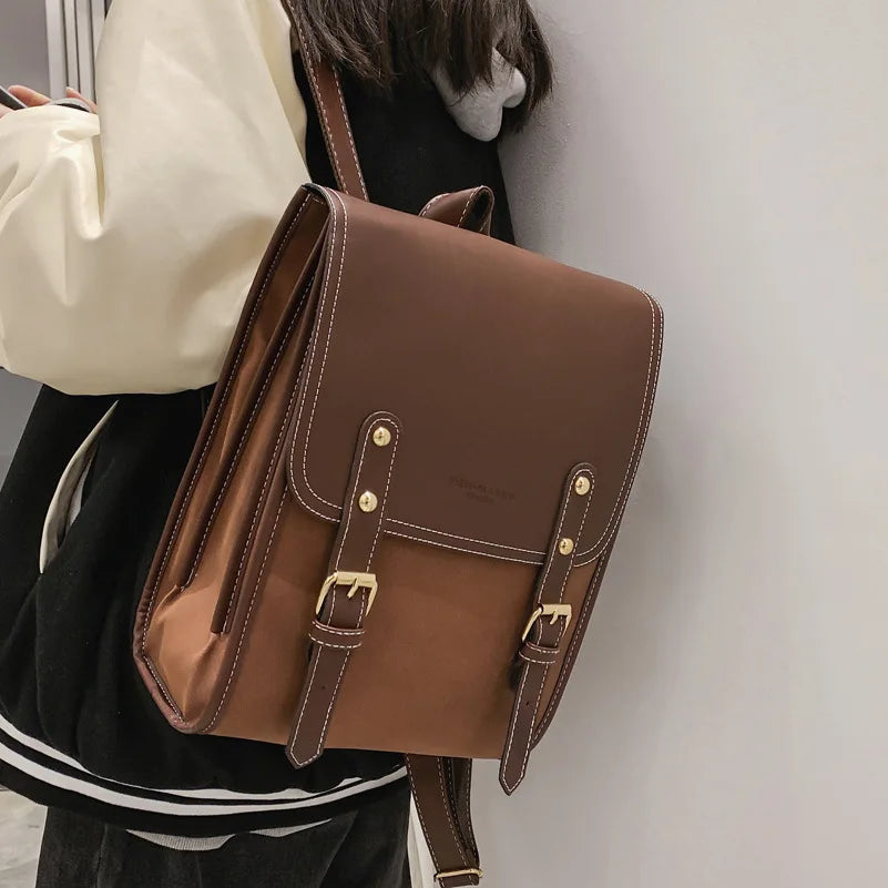 Vintage Brown Women's Campus Forest Large-capacity PU Leather Backpack