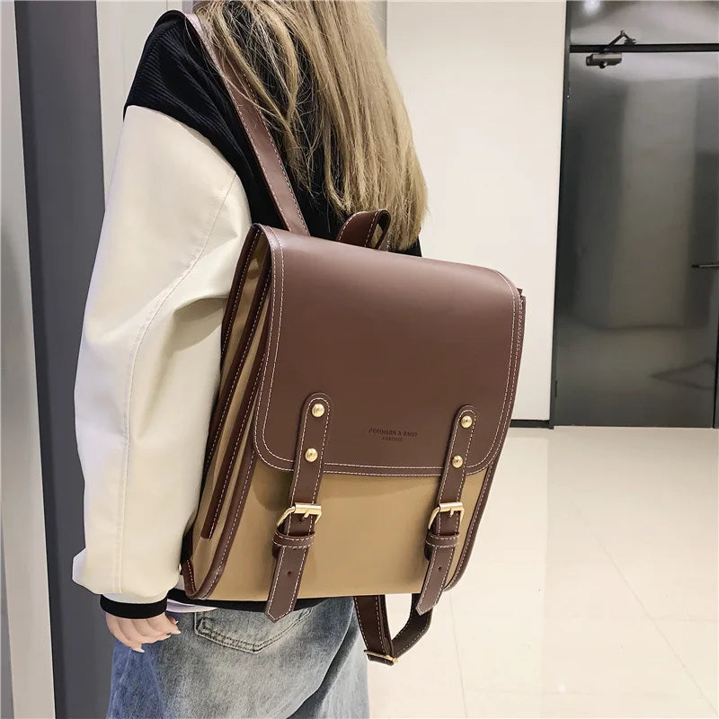 Vintage Brown Women's Campus Forest Large-capacity PU Leather Backpack