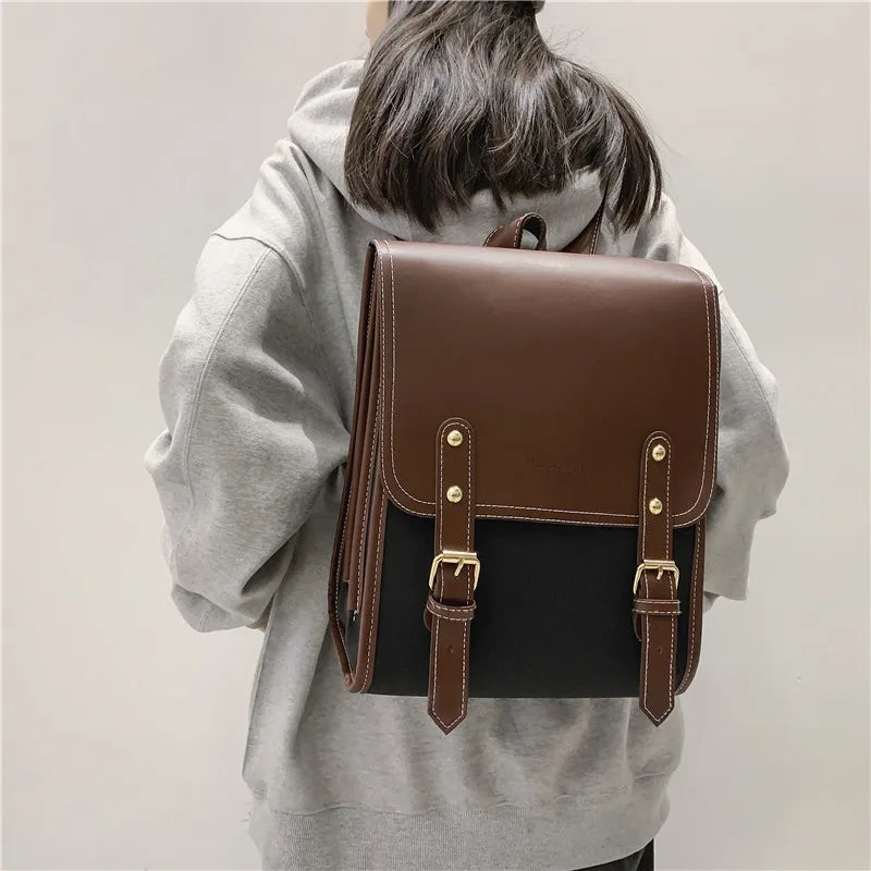 Vintage Brown Women's Campus Forest Large-capacity PU Leather Backpack