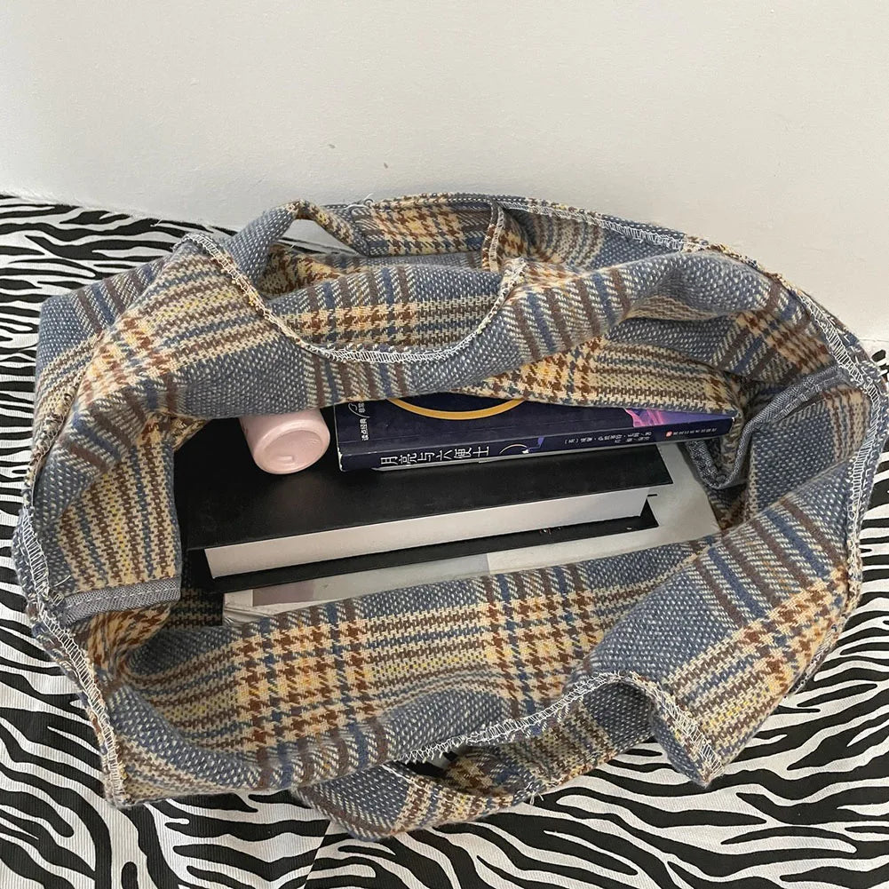 Vintage Canvas Plaid Printing Large Capacity Shoulder Bags