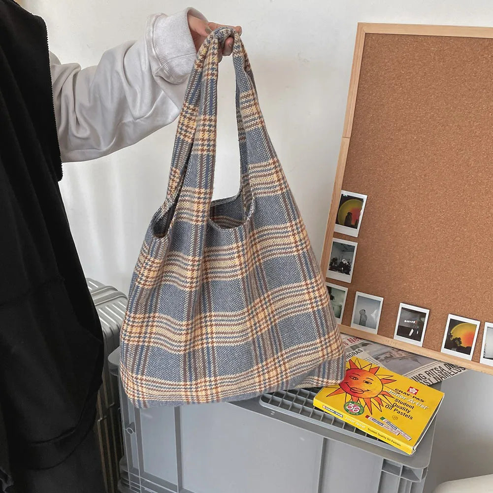 Vintage Canvas Plaid Printing Large Capacity Shoulder Bags