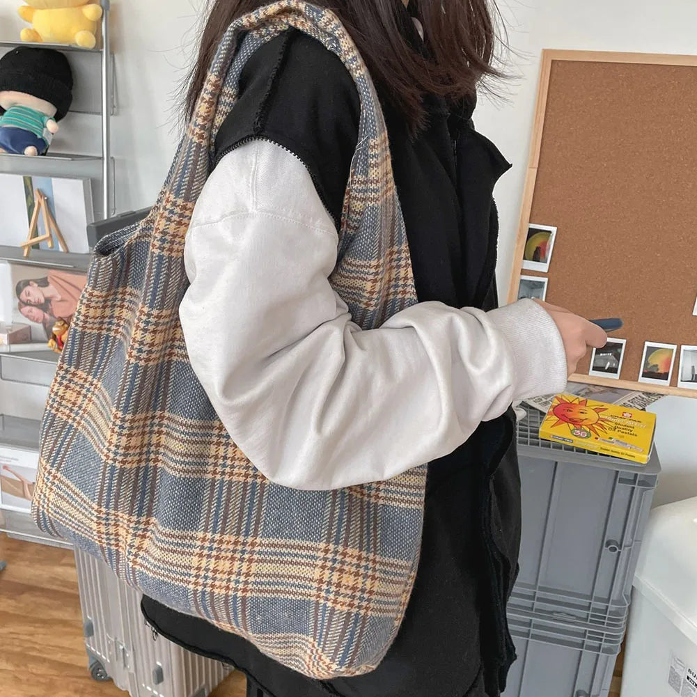 Vintage Canvas Plaid Printing Large Capacity Shoulder Bags