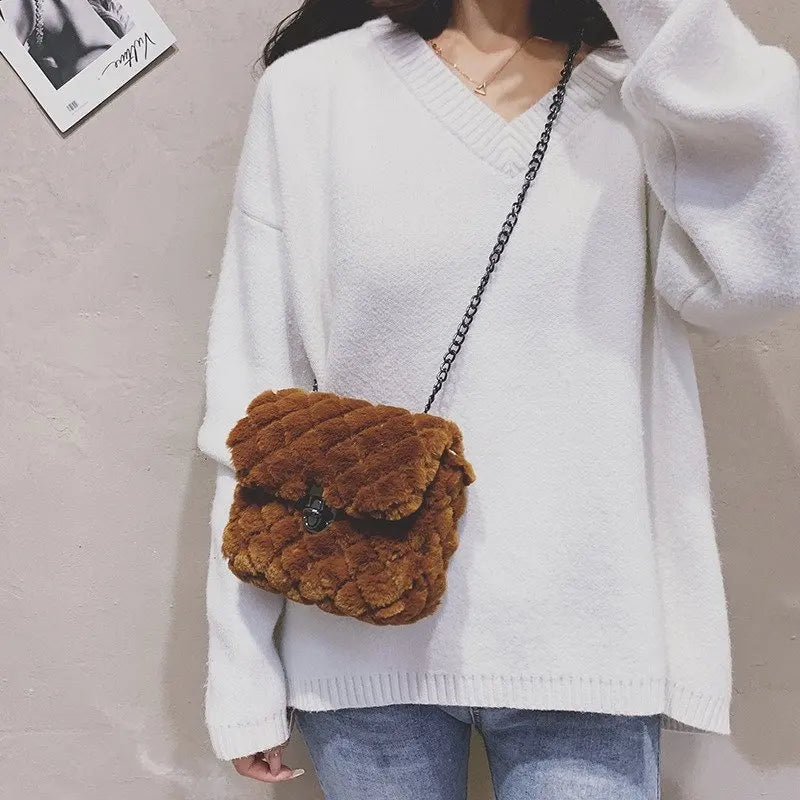 Vintage Faux Fur Women Waist Bag Small Purse Soft Plush Handbag