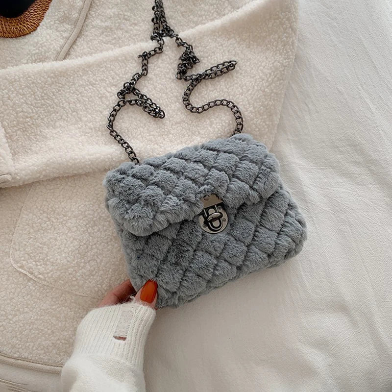 Vintage Faux Fur Women Waist Bag Small Purse Soft Plush Handbag