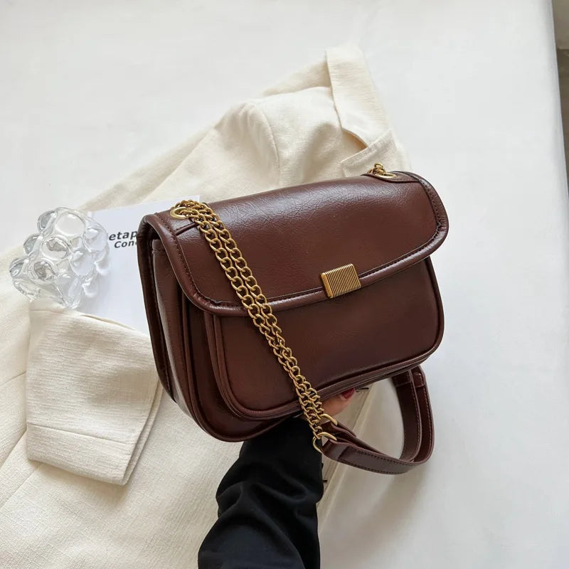 Vintage Leather Chains Shoulder Bag for Women Armpit Handbag