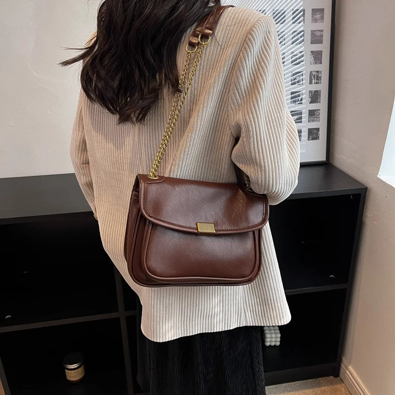 Vintage Leather Chains Shoulder Bag for Women Armpit Handbag