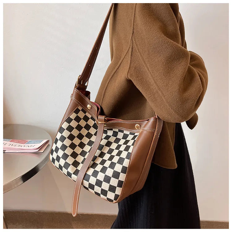 Vintage Chessboard Tote Bag High PU Leather Women Handbag