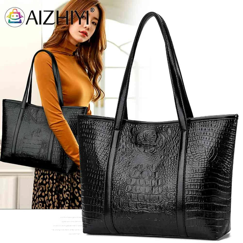Vintage Crocodile Leather Women Handbag Large Capacity Shoulder Shopping Bag