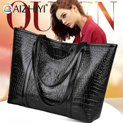 Vintage Crocodile Leather Women Handbag Large Capacity Shoulder Shopping Bag