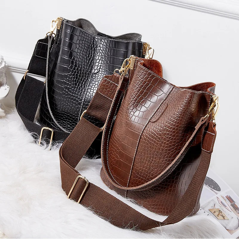 Vintage Crocodile Pattern Crossbody Bag Large Capacity Bucket Bag