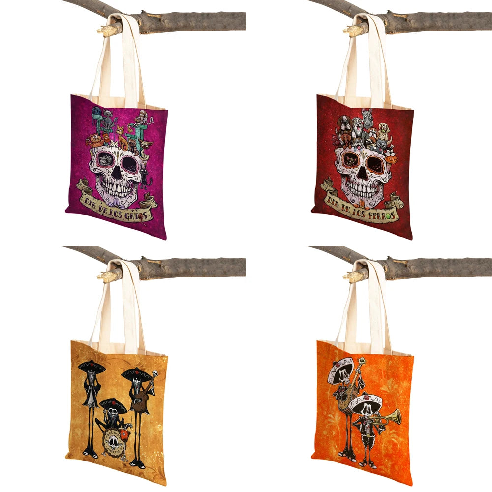 Vintage of the Dead Women Shopping Shoulder Bag Reusable Cartoon Skull Flower