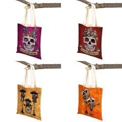 Vintage of the Dead Women Shopping Shoulder Bag Reusable Cartoon Skull Flower