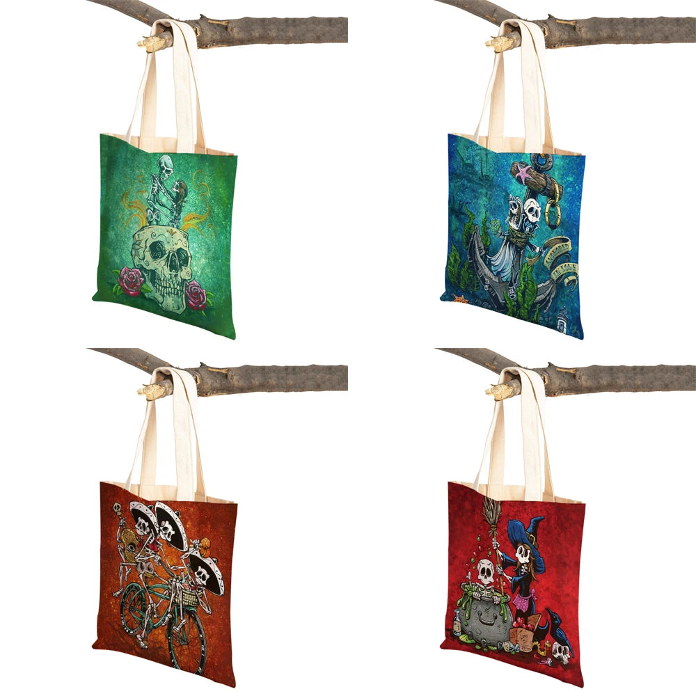 Vintage of the Dead Women Shopping Shoulder Bag Reusable Cartoon Skull Flower
