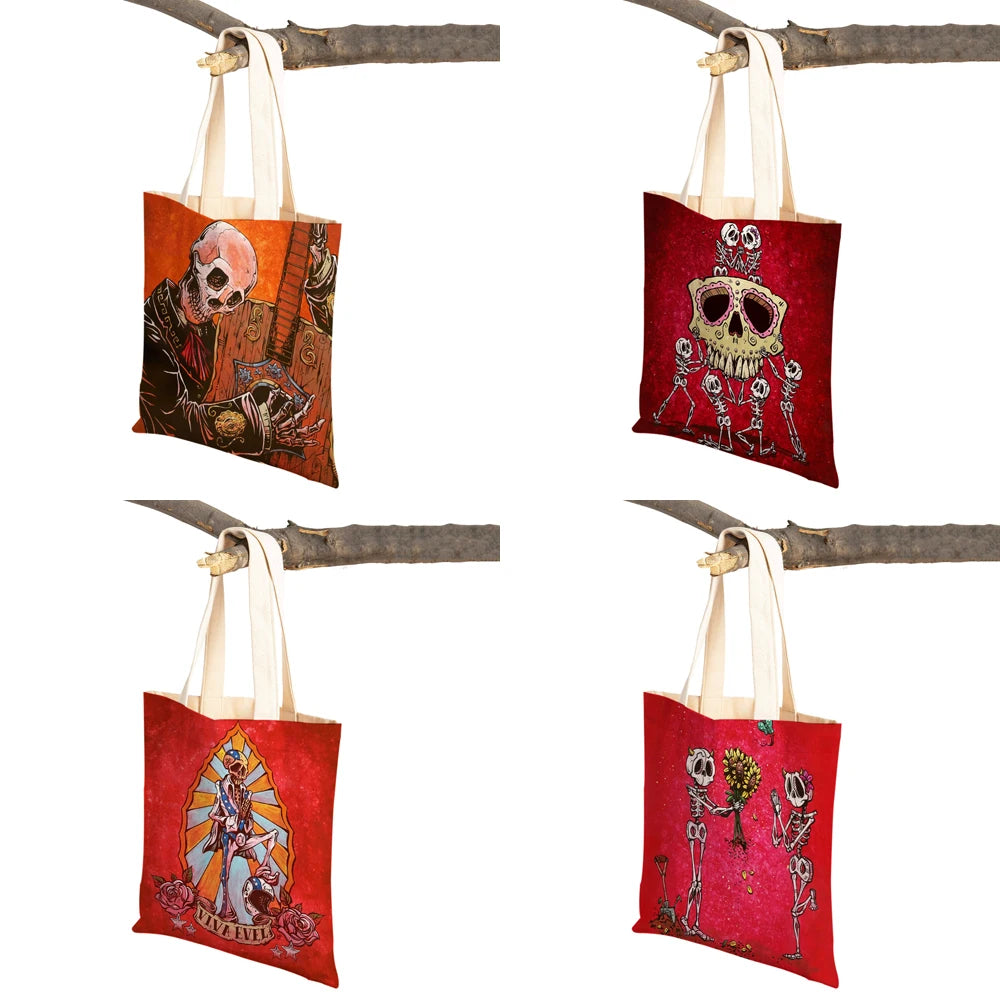 Vintage of the Dead Women Shopping Shoulder Bag Reusable Cartoon Skull Flower
