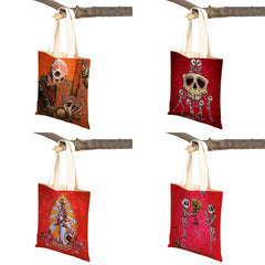 Vintage of the Dead Women Shopping Shoulder Bag Reusable Cartoon Skull Flower