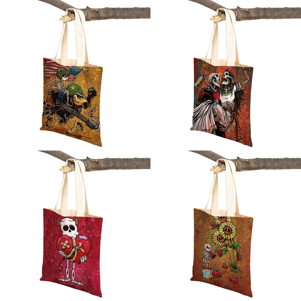 Vintage of the Dead Women Shopping Shoulder Bag Reusable Cartoon Skull Flower