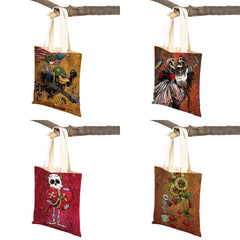 Vintage of the Dead Women Shopping Shoulder Bag Reusable Cartoon Skull Flower