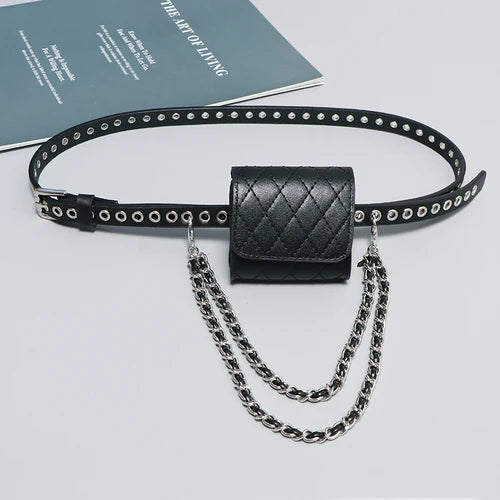 Vintage Diamond lattice PU Mini Waist Packs Women Leather Waist Belt