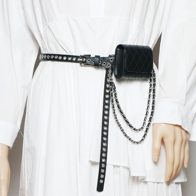 Vintage Diamond lattice PU Mini Waist Packs Women Leather Waist Belt