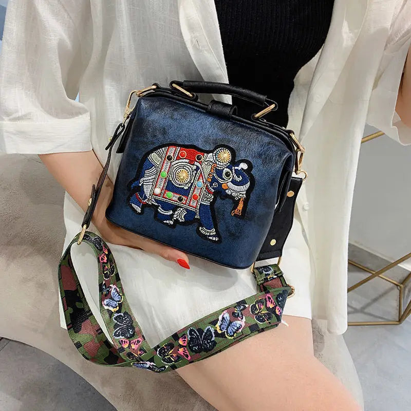 Vintage Embroidery Elephant Bag Wide Strap Women Shoulder Crossbody