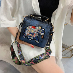 Vintage Embroidery Elephant Bag Wide Strap Women Shoulder Crossbody