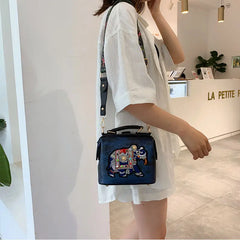 Vintage Embroidery Elephant Tote Bag Wide Strap Leather Women Shoulder Crossbody