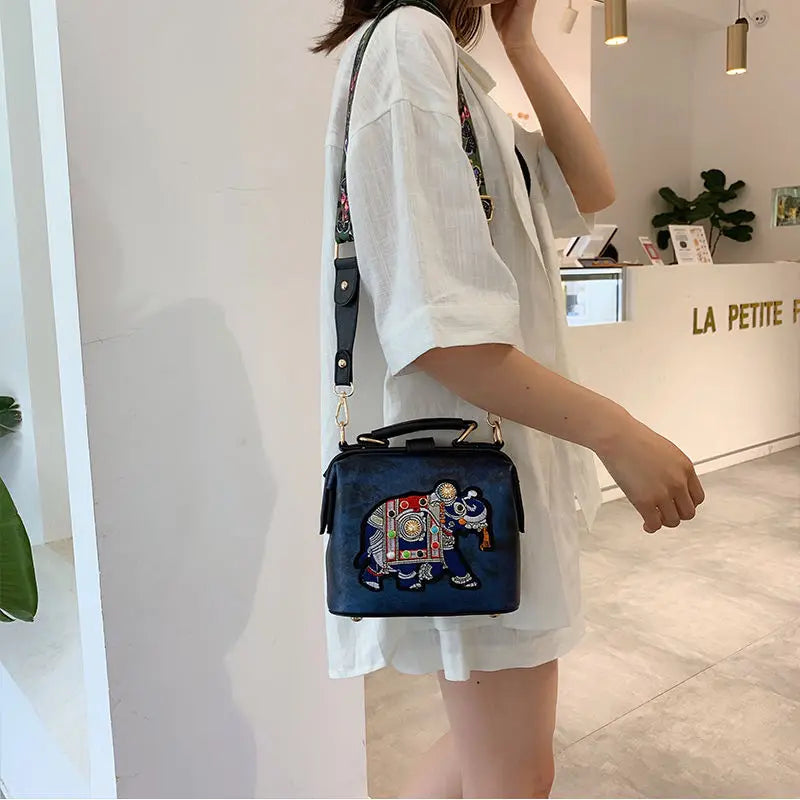 Vintage Embroidery Elephant Shoulder Bag Wide Butterfly Strap PU Leather Tote