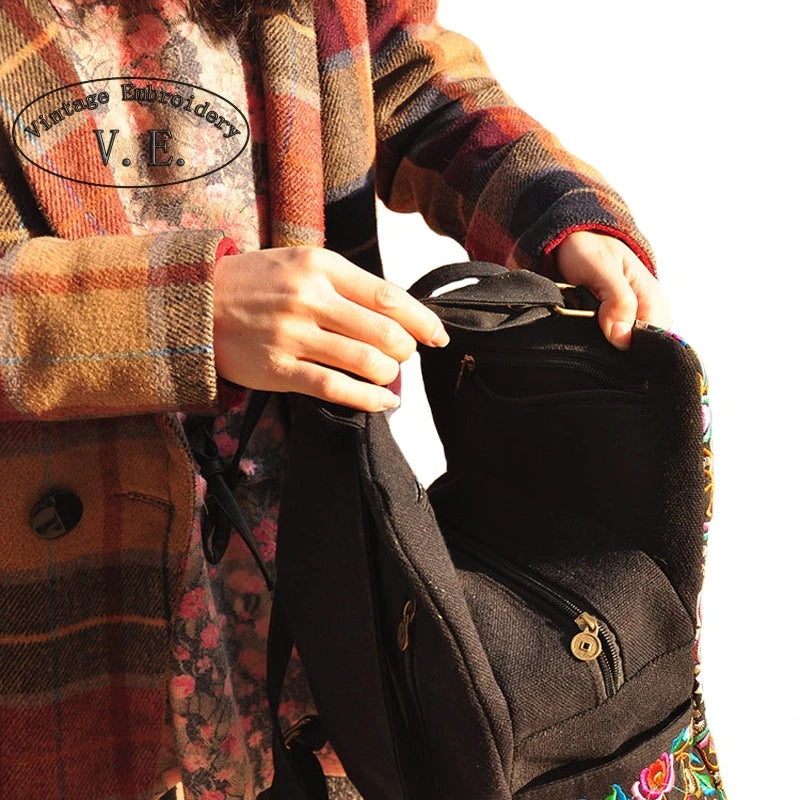 Ethnic Flower Embroidered Canvas Backpack for Women