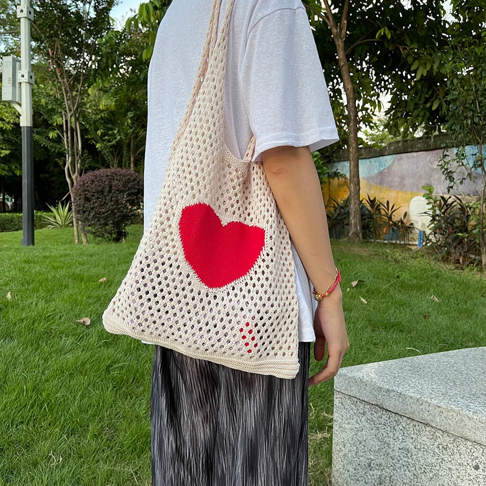Vintage Female Knitted Mesh Shoulder Bag Handbag Ladies Beach Purse